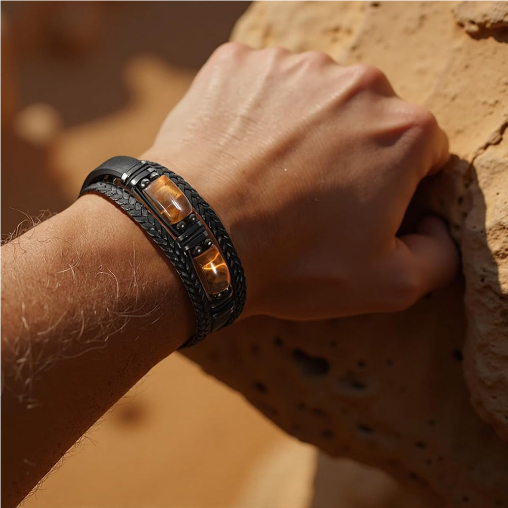 Natural Tiger Eye Stone Bracelet For Men Women - Handmade Leather Braided Healing Bracelet, Courage & Luck Meaning, Birthday Christmas Gift