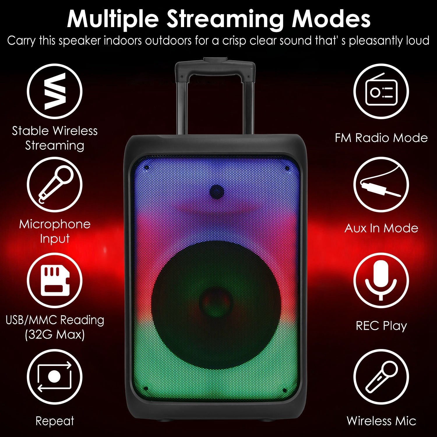 1Pc Portable Wireless Party Speaker Party Speaker With With 5 Colorful Lighting Modes TWS FM USB MMC Slot Aux In Recording Mic Priority Trolley Handle 2 Wheels Remote Control