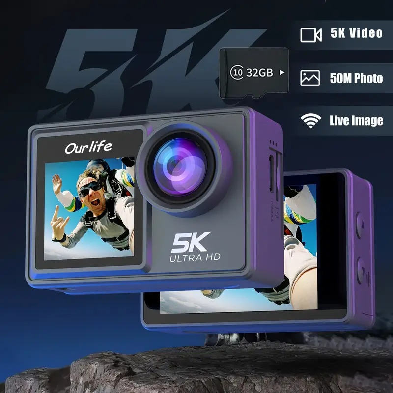 Ourlife 5K 30fps Action Cam 50MP EIS Wifi Wireless Dual Dcreen Vlog Camera With 32GB Memory Card - 5 - CJ