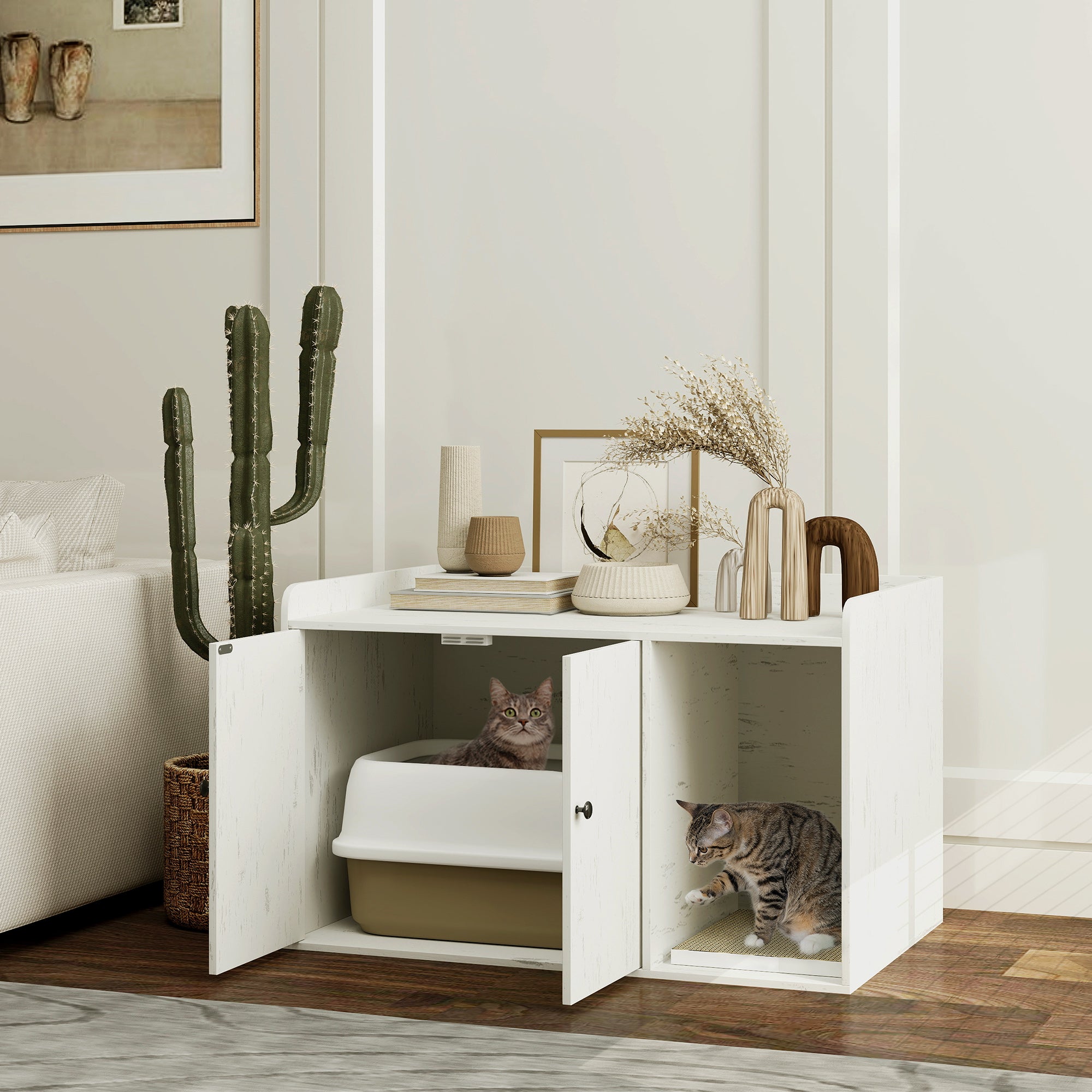 32 Cat Litter Box Enclosure With Scratching Mat, Cat Entrance, Fit Most Of Cat And Litter Box, Distressed White - 5 - CJ
