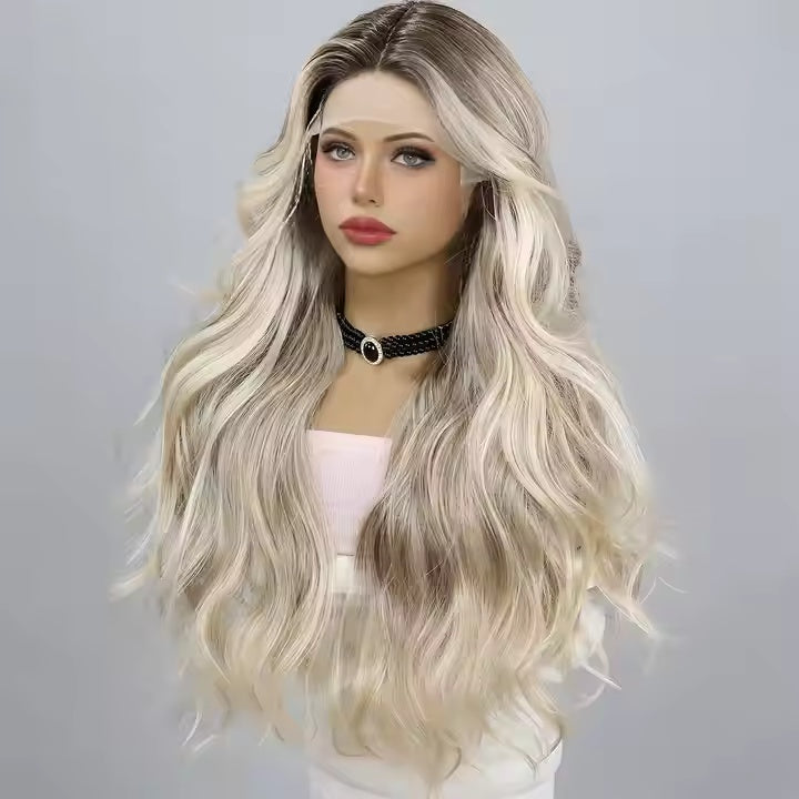 European And American Fashion T - shaped Lace Gold Gradient Wavy Curly Hair Wigs Shipped From Warehouse - 5 - CJ