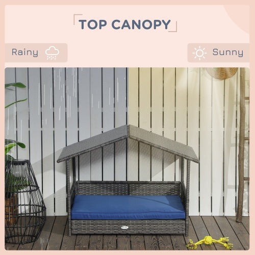 PawHut Wicker Dog House Outdoor With Canopy, Rattan Dog Bed With Water - resistant Cushion, For Small And Medium Dogs, Dark Blue - 5 - CJ