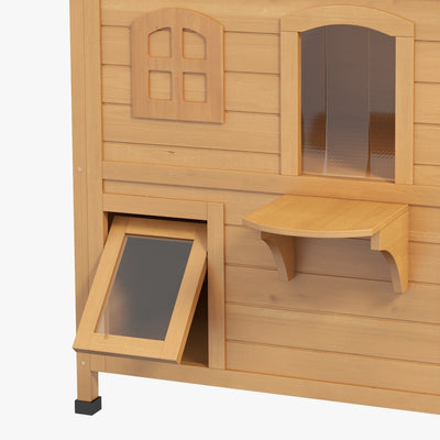 2 - story Cat House Outdoor, Weatherproof Wooden Cat Enclosure for Feral Cats with Escape Door, Openable Roof, Jumping Platforms, Natural - 5 - CJ