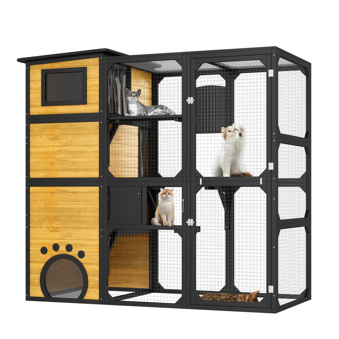 GO Large Cat Catio 4 Tiers Cat Enclosure For Outdoor, Cat House Weatherproof Attached To Window For Multiple Cats With Platforms And Resting Rooms, Brown - 5 - CJ