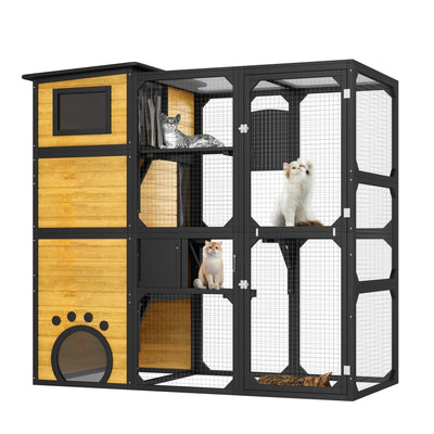 GO Large Cat Catio 4 Tiers Cat Enclosure For Outdoor, Cat House Weatherproof Attached To Window For Multiple Cats With Platforms And Resting Rooms, Brown - 5 - CJ
