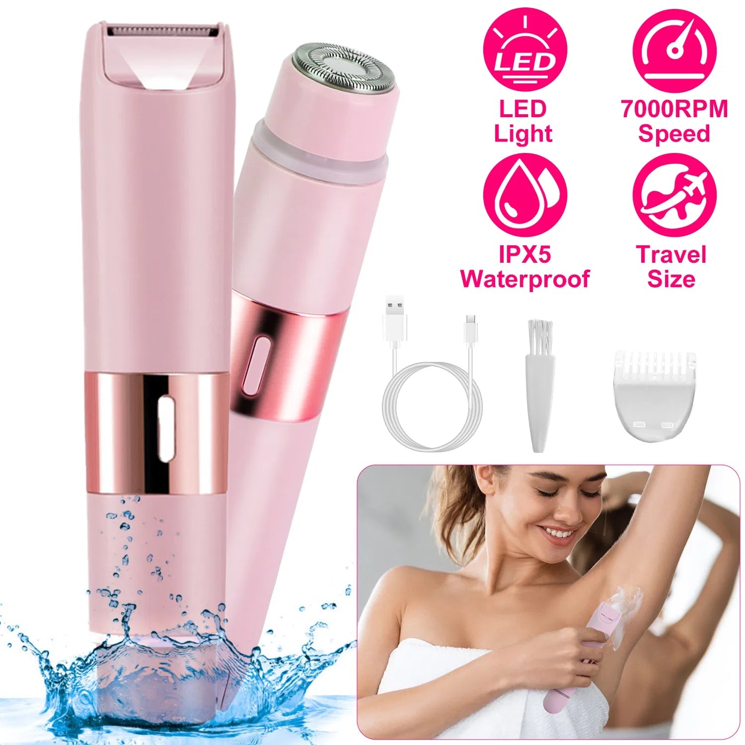2 In 1 Bikini Trimmer For Women Dual Head Cordless Body Shaver IPX5 Waterproof Rechargeable Pubic Hair Razor Wet And Dry Use For Bikini Underarm Leg Arm Body Face - 5 - CJ