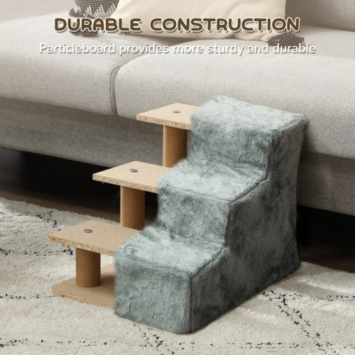 PawHut Three - Step Dog Stairs, With Washable Plush Cover, For High Bed Sofa, Dog Stairs For Small Dog And Cat - Light Grey - 5 - CJ
