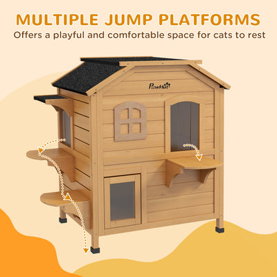 2 - story Cat House Outdoor, Weatherproof Wooden Cat Enclosure for Feral Cats with Escape Door, Openable Roof, Jumping Platforms, Natural - 5 - CJ
