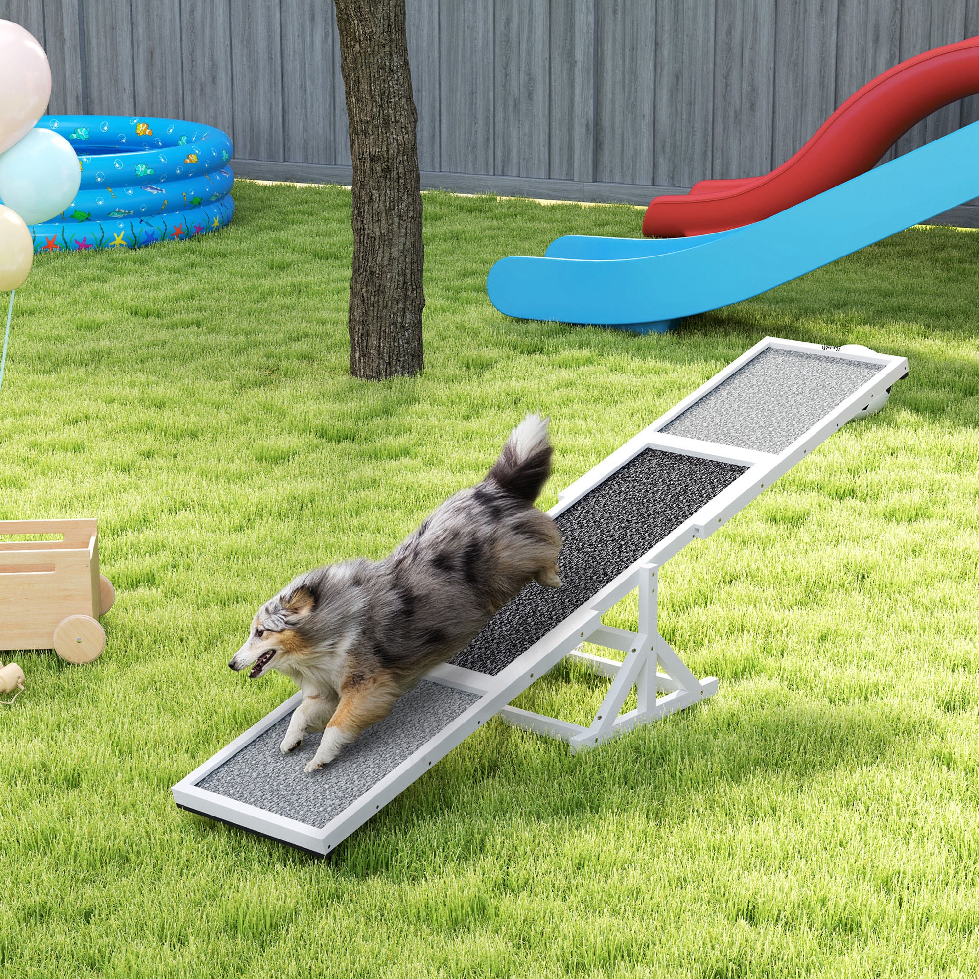 Wooden Dog Agility Seesaw For Training And Exercise, Weather Resistant, 83 L X 16 W X 14 H, White