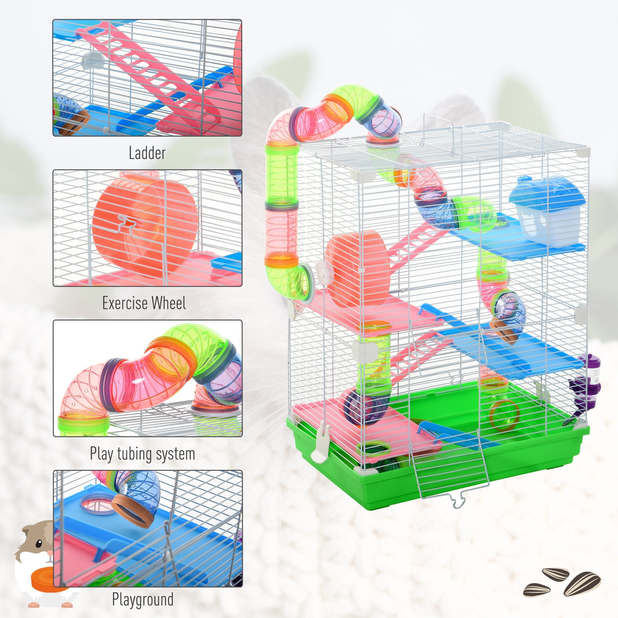 5 Tiers Hamster Cage Portable Animal Travel Carrier w/ Exercise Wheels Tube - 5 - CJ