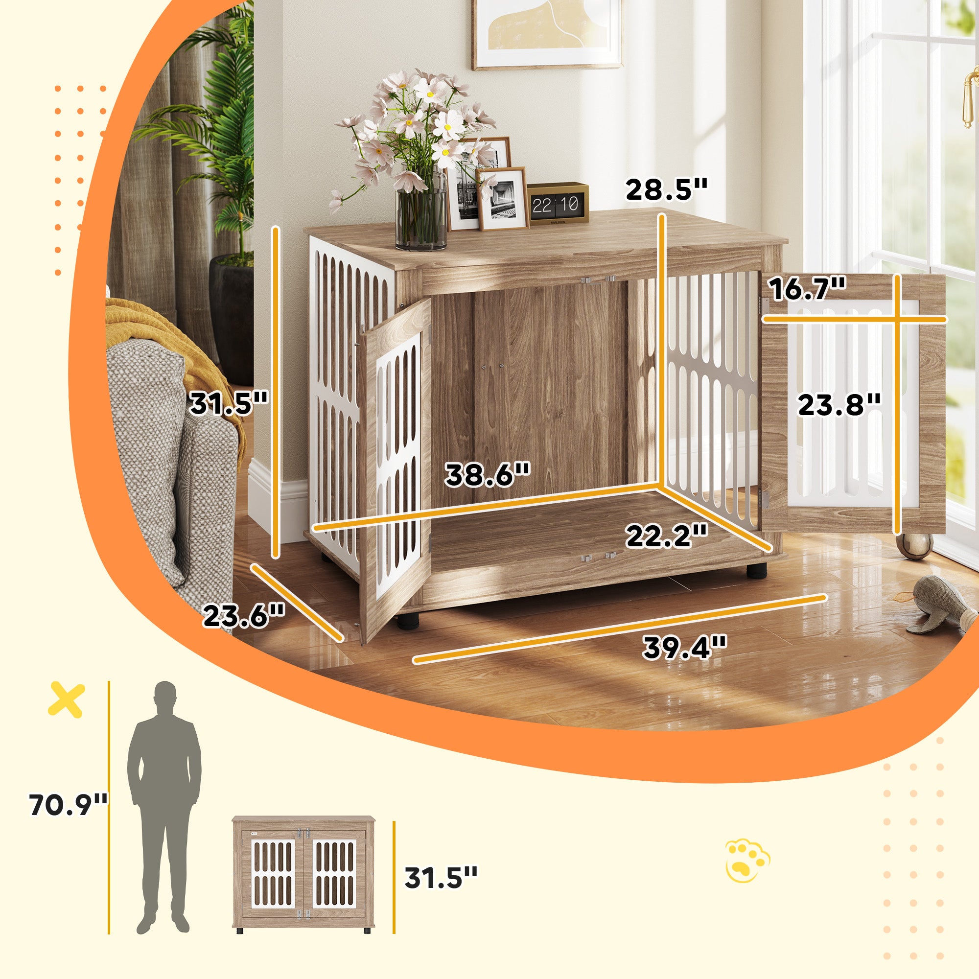 39 Dog Crate Furniture With 2 Doors, Adjustable Non - slip Foot Mats, For Large Dogs, Walnut Brown - 5 - CJ