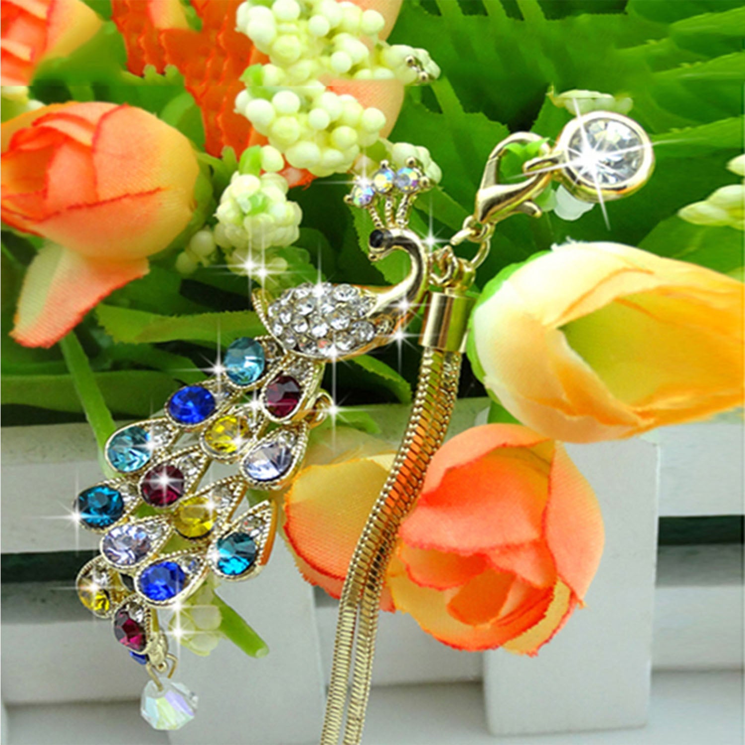 Colorful Crystal Diamond Peacock Dust Cap Pendant For Cell Phone 3.5mm Jack - 5 - CJ