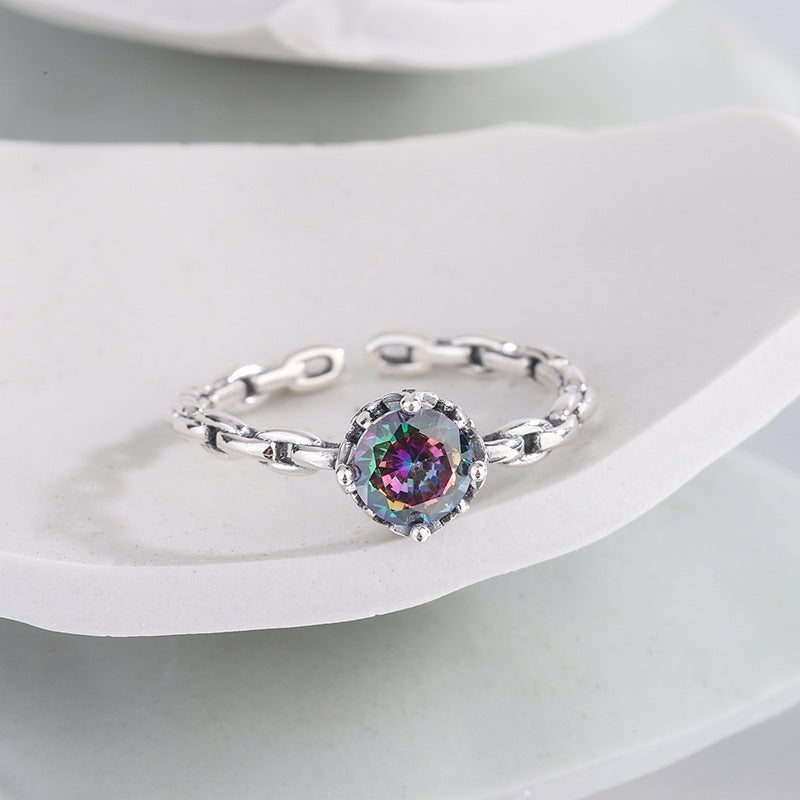 925 Sterling Silver Multicolor Zircon Chain Ring Female - 4 - CJ
