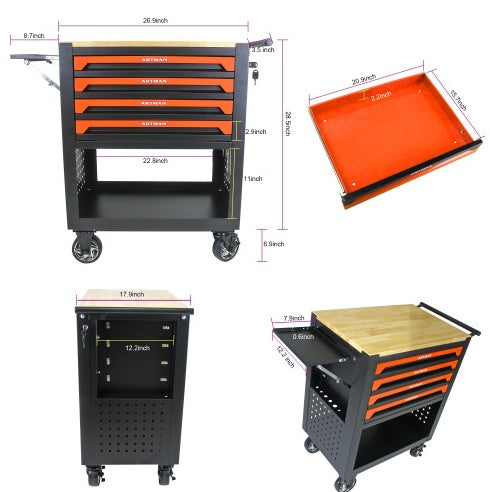 4 DRAWERS MULTIFUNCTIONAL TOOL CART WITH WHEELS AND WOODEN TOP - ORANGE - 5 - cjdropshipping