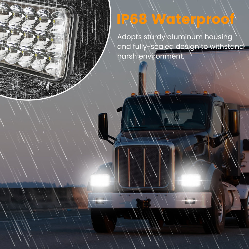 2Pcs 4x6in Car LED Headlights Vehicle Rectangular Headlamp With H4 Socket H4-to-3Pins Adapter With High Low Beam White Light IP68 Waterproof For 10-80V SUV Truck Sedan Car Motorcycle