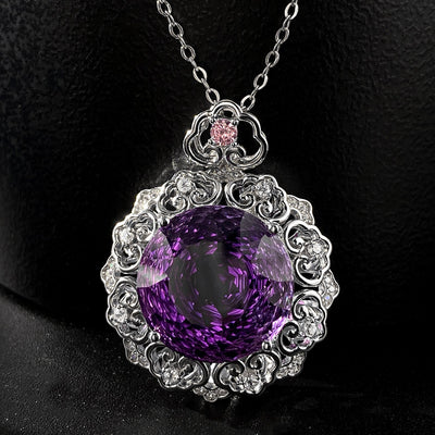 Luxurious S925 Silver Set Natural Amethyst Pendant Female Vintage Pattern Senior Jewelry Quality Sweater Chain - 4 - CJ