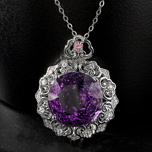 Luxurious S925 Silver Set Natural Amethyst Pendant Female Vintage Pattern Senior Jewelry Quality Sweater Chain - 4 - CJ