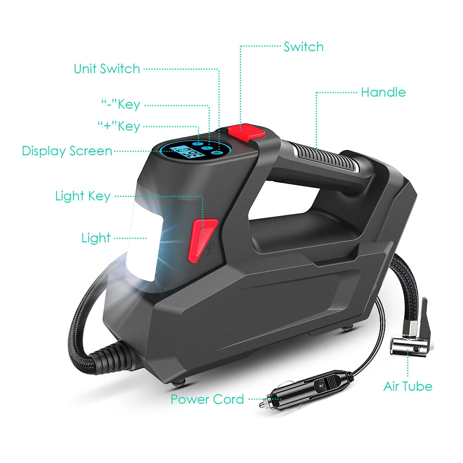 1Pc Portable Tire Inflator 120 PSI Maximum 90W Powered Tire Inflator With Digital Display LED Light Inflatable Nozzle Needle Fuse Air Compressor For Bikes Motorbikes Car Balls - 5 - cjdropshipping