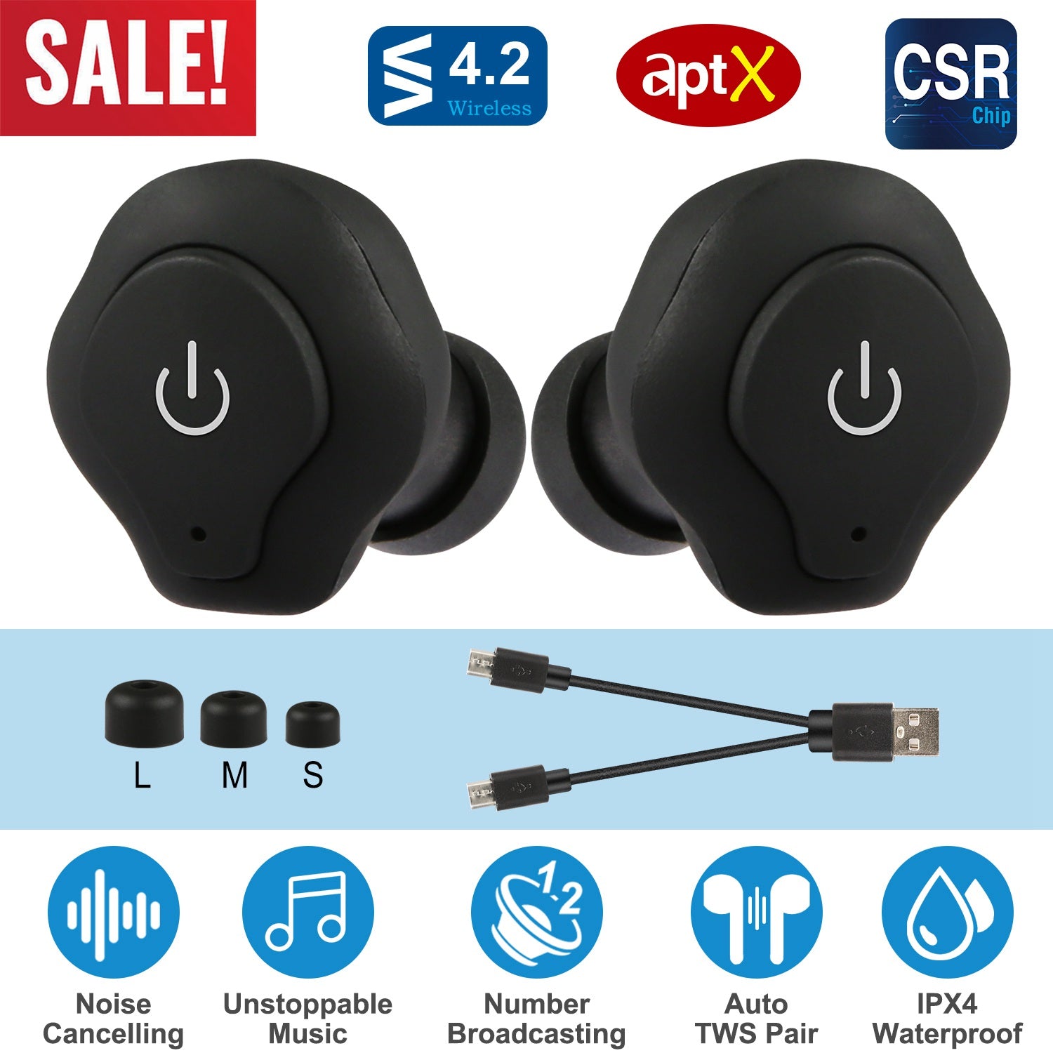 1 Pair True Wireless Earbuds CSR V4.2 In-ear Stereo Headsets IP44 Waterproof Apt-X TWS Headphones Noise Cancelling With Mic For Business Driving Walking