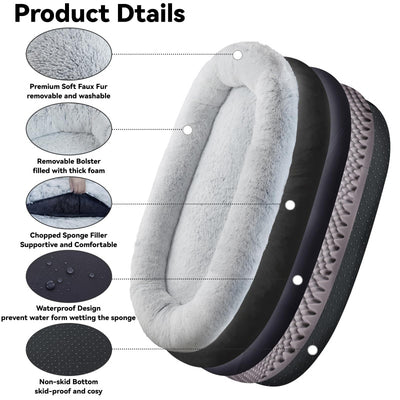 Human Dog Bed, 63''x31.4''x9.5'' Size Fits You And Pets, Washable Faux Fur Dog Bed For People Doze Off, Napping Orthopedic Dog Bed, Present Plump Pillow, Blanket, Strap - Grey - 5 - CJ