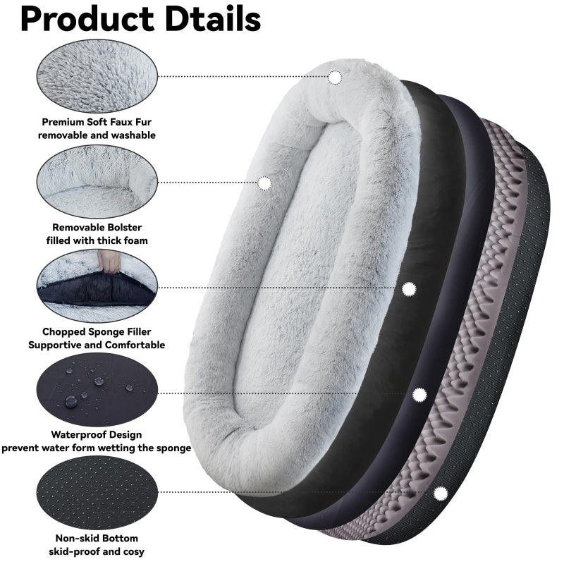 Human Dog Bed, 63''x31.4''x9.5'' Size Fits You And Pets, Washable Faux Fur Dog Bed For People Doze Off, Napping Orthopedic Dog Bed, Present Plump Pillow, Blanket, Strap - Grey - 5 - CJ