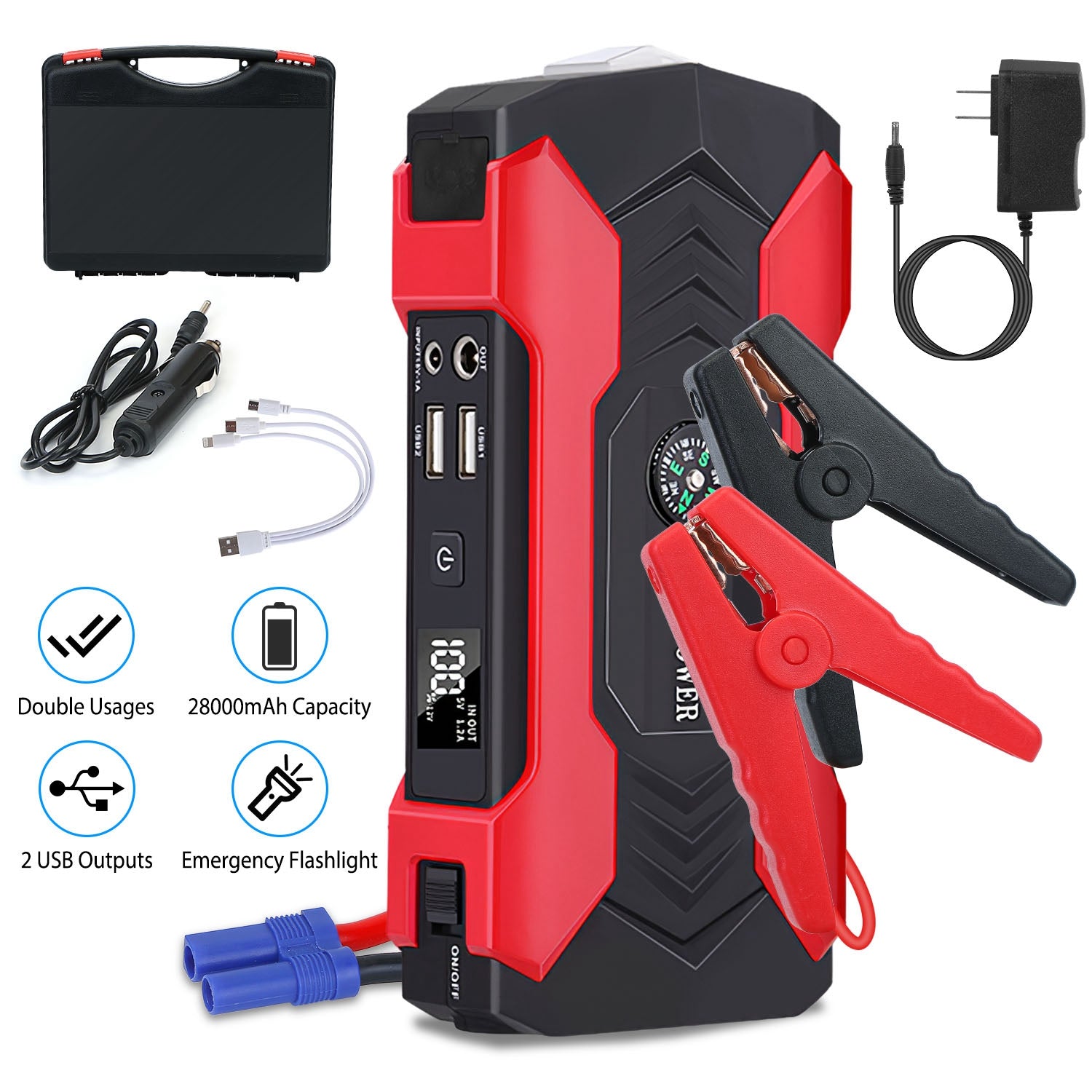Car Jump Starter Booster 800A Peak 28000mAh 12V Battery Charger Up To 6.0L Gas Or 3.0L Diesel Engine With LCD Screen 4 Modes LED Flashlight