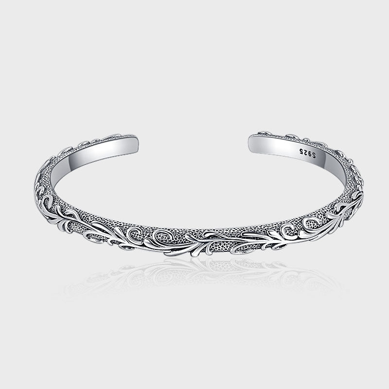S925 Sterling Silver Vintage Style Carved Tang Grass Thai Silver Bracelet - 4 - CJ - KDP1415 - CJJE1602767 - KDP1415
