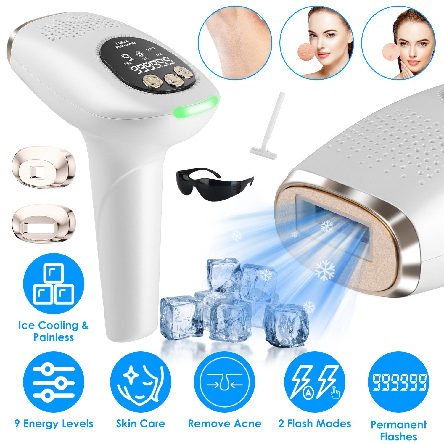 3 In 1 Ice Cooling Laser Hair Removal Painless Permanent At - Home IPL Hair Removal With 999,999 Flashes 9 Energy Levels 2 Modes For Armpits Legs Arms Bikini Line - 5 - CJ