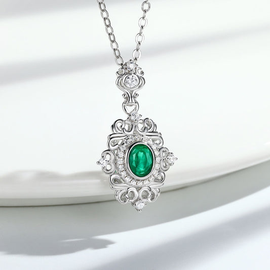 Natural Emerald Necklace Female Vintage Lace Design S925 Silver Inlaid Gem Pendant - 4 - https://x.com/titan_prim62775J