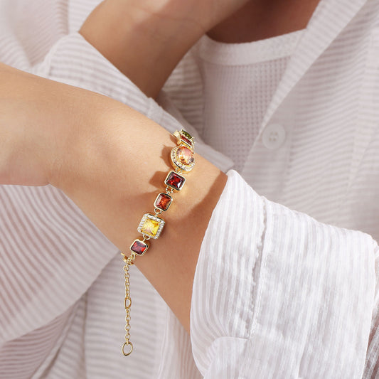 Vintage 18K Gold Plated Gemstone Hand Chain Multi Colored Gem Stone JEWELRY Cubic Zirconia Colorful CZ Bracelet For WOMEN MEN - 5 - CJ