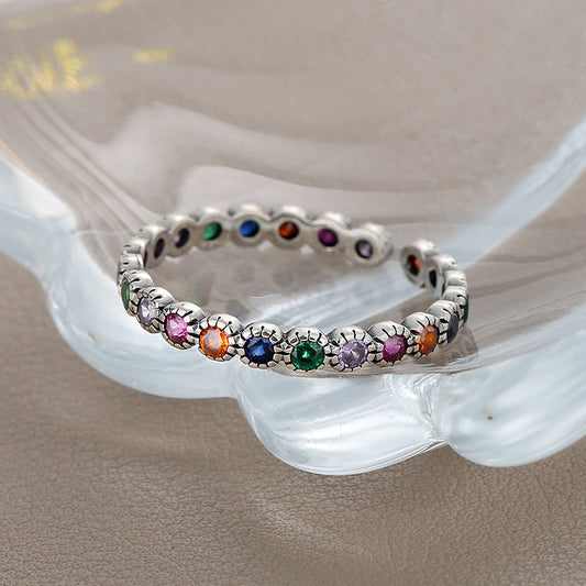 S925 Silver Colorful Zircon Ring Women's Retro Fashion Bright Color Contrast Flowers - 4 - CJ