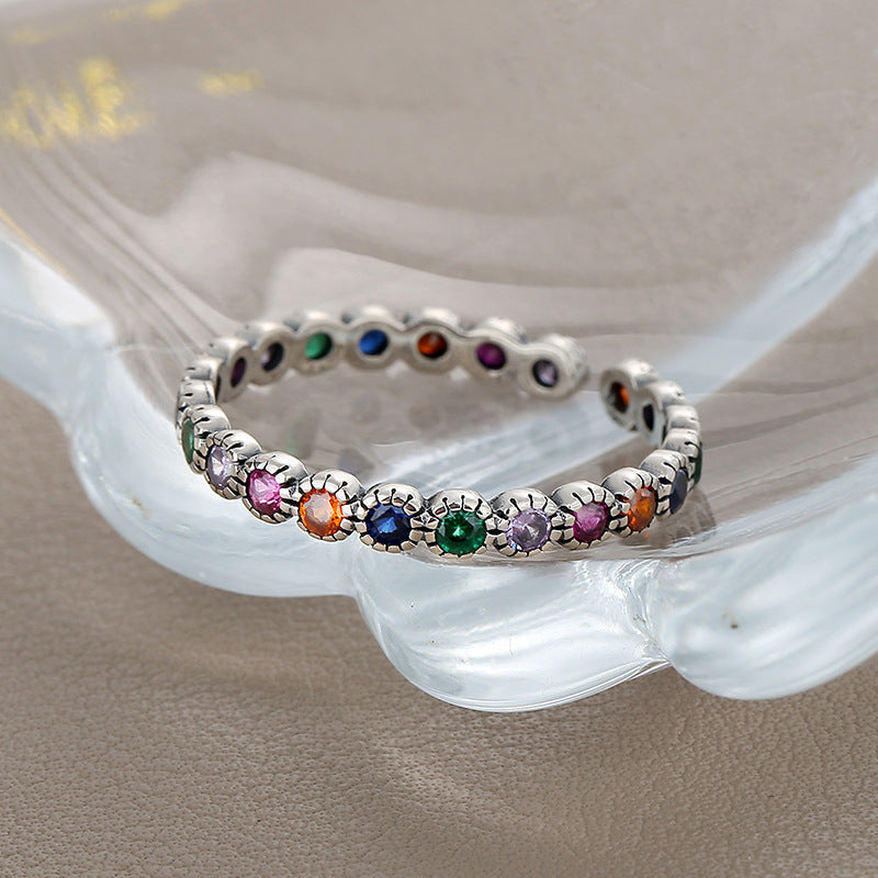 S925 Silver Colorful Zircon Ring Women's Retro Fashion Bright Color Contrast Flowers - 4 - CJ