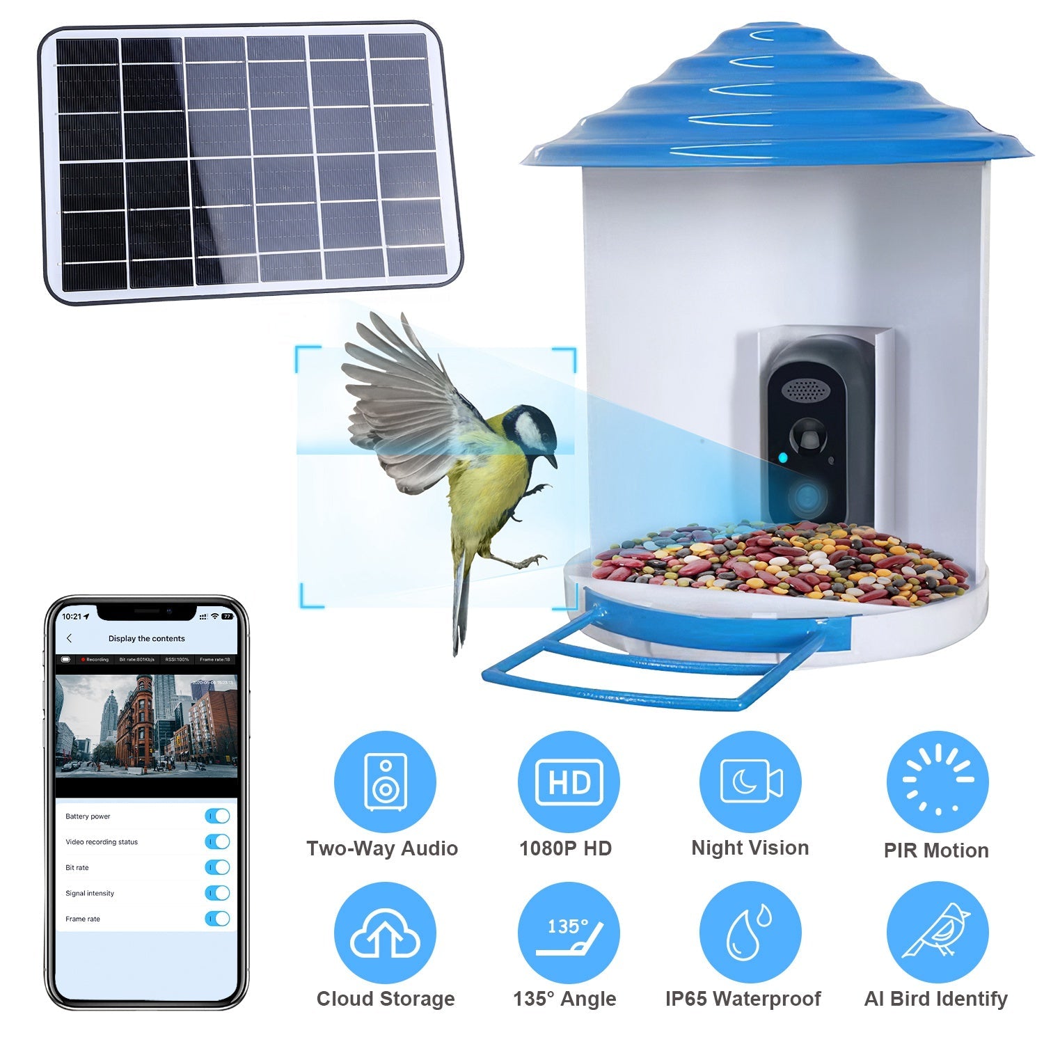 Smart Bird Feeder With Solar Powered Camera 1080P HD AI Identify PIR Motion Auto Capture Video Cloud Card Storage WiFi Connection App Control IP65 Waterproof by CJ