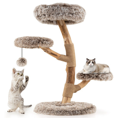Multi - level Natural Pear Wood Cat Tree, Sisal Scratching Posts, Plush Balls, Long Plush Fabric - 5 - cjdroshippping