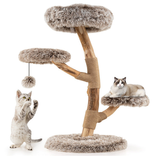 Multi - level Natural Pear Wood Cat Tree, Sisal Scratching Posts, Plush Balls, Long Plush Fabric - 5 - cjdroshippping