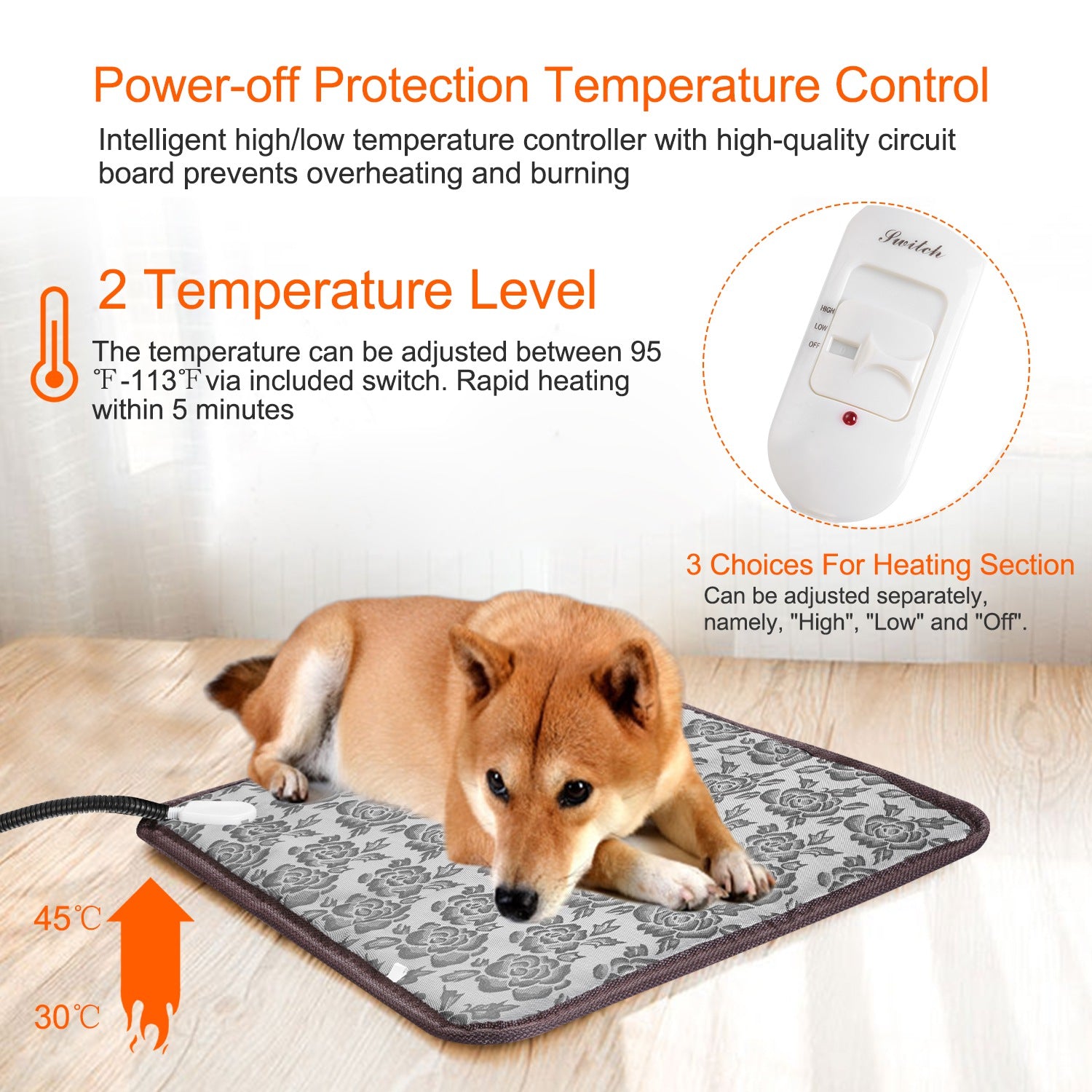 1Pc Pet Heating Pad Dog Cat Electric Heating Mat Waterproof Adjustable Warming Blanket With Chew Resistant Steel Cord Case - 5 - CJ