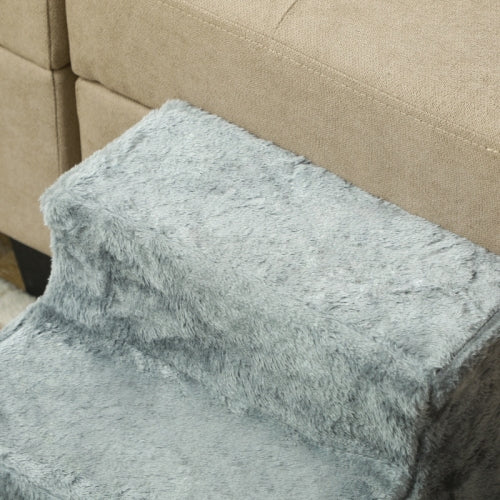 PawHut Three - Step Dog Stairs, With Washable Plush Cover, For High Bed Sofa, Dog Stairs For Small Dog And Cat - Light Grey - 5 - CJ