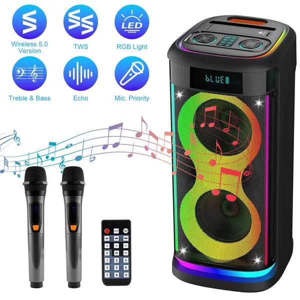 Portable Wireless Party Speaker With LED Light Wireless Mic Remote Control TWS Treble Bass Mic. Echo Music Accompany Mic. Priority Guitar In - 5 - CJ