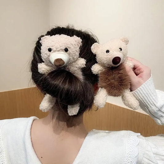Girls Lovely Scrunchies Cute Bear Hair Band Rabbit Fur Hair Rope Soft Warm Rubber Band Pretty Hair Accessories - 5 - CJ