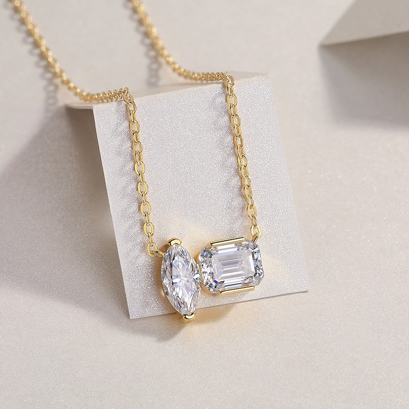 Double Diamond Shadow - Set With Two Octagonal Horse Eye Moissanite S925 Sterling Silver And Gold-plated Pendant, 3g Sterling Silver Jewelry--Prohibit TikTok Sales