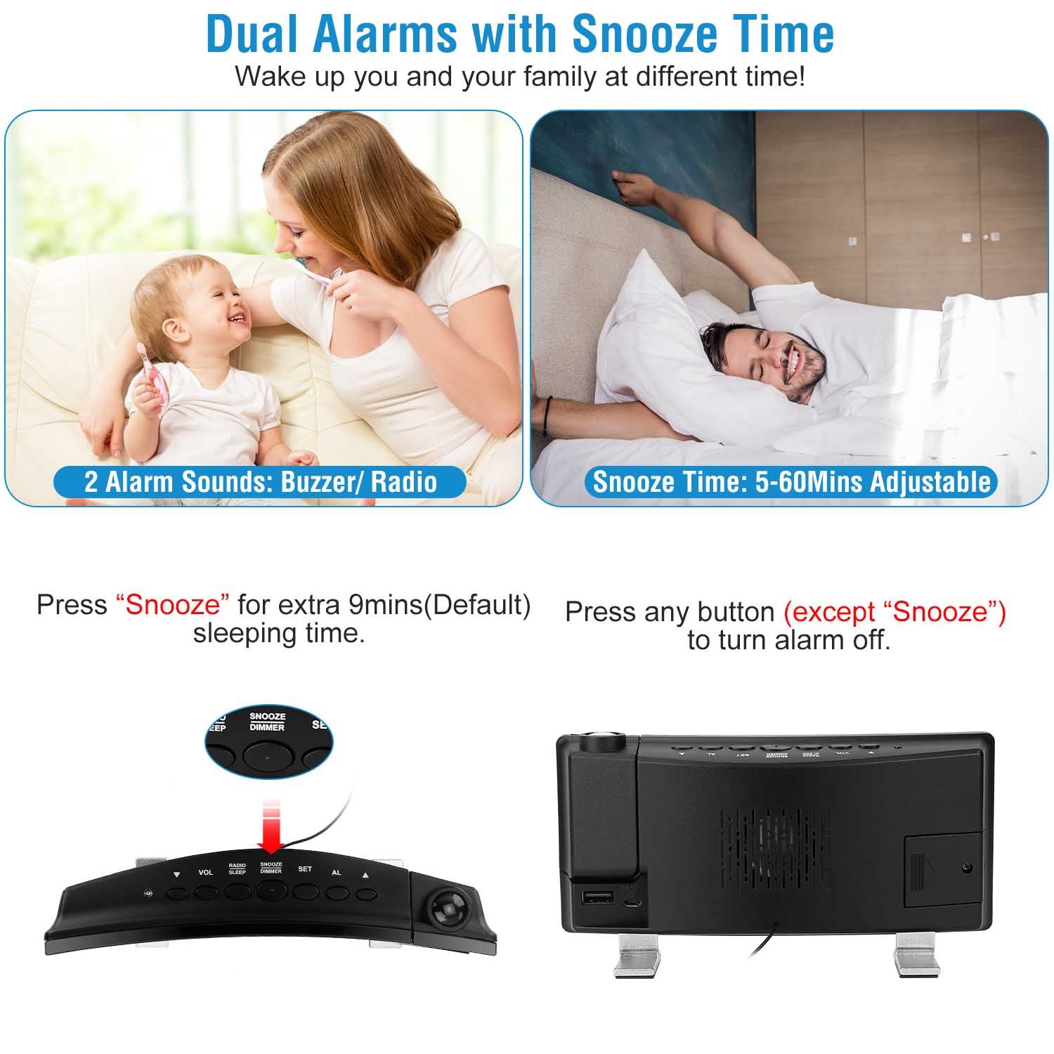 1Pc Projection Alarm Clock With Radio Function Curved Screen LED Digital Alarm Clock With Dual Alarms 4 Dimmer 12 - 24 Hour USB Charging Port 180Degree Rotatable Projection - 5 - CJ