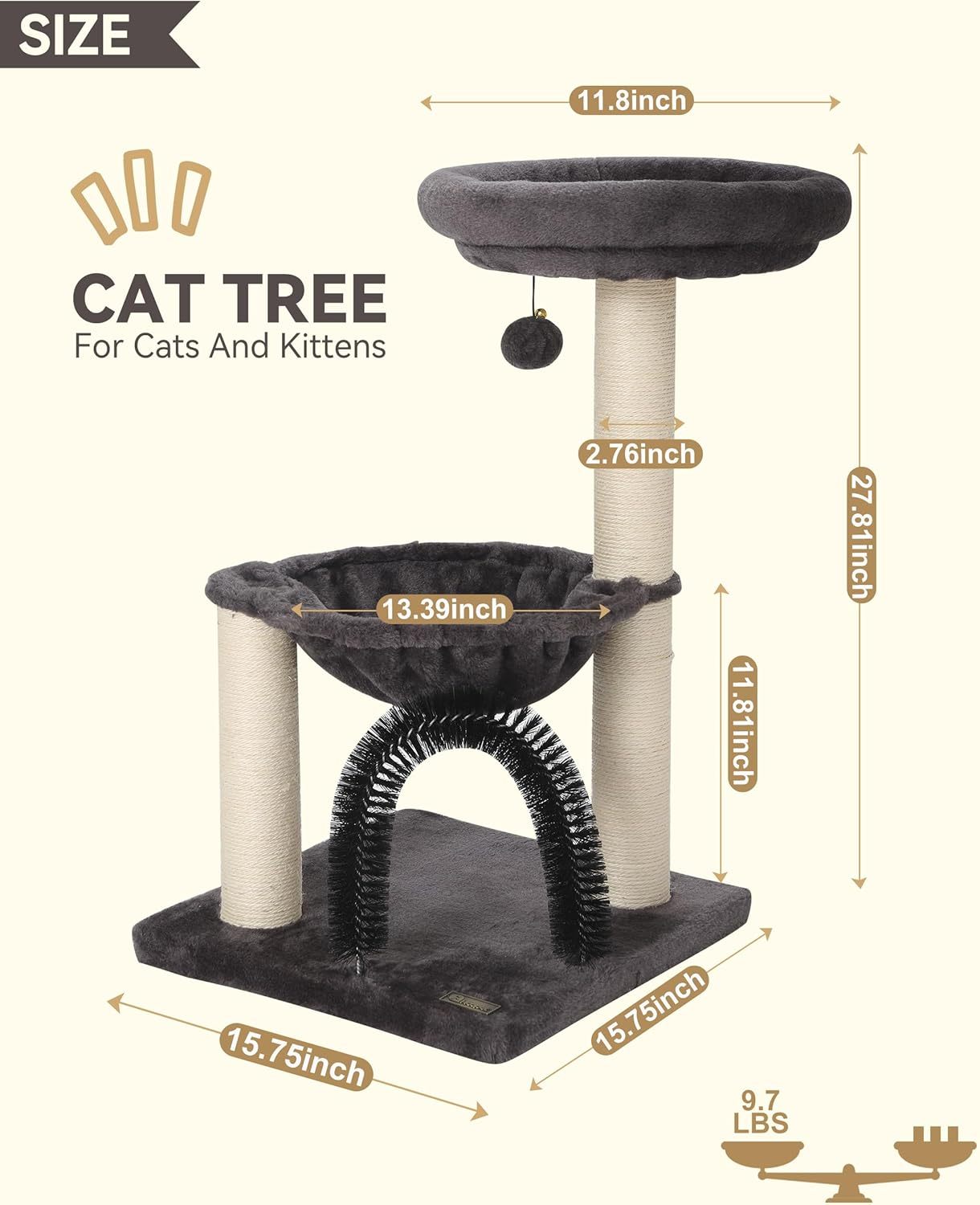 27.8inch Tall Cat Tree Tower For Indoor Cats  Multi-Level Cat Furniture With Sisal Scratching Posts, Plush Perches & Hanging Toys Large Durable Cat Tower, Perfect Gift For Cat Lovers