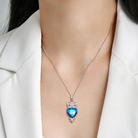 Owl S925 Silver Blue Crystal Necklace Pendant With Love - 4 - CJ