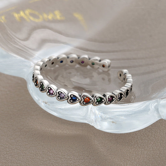 S925 Sterling Silver Ring Rainbow Zircon Female Luxury Color Diamond Love Ring - 4 - CJ