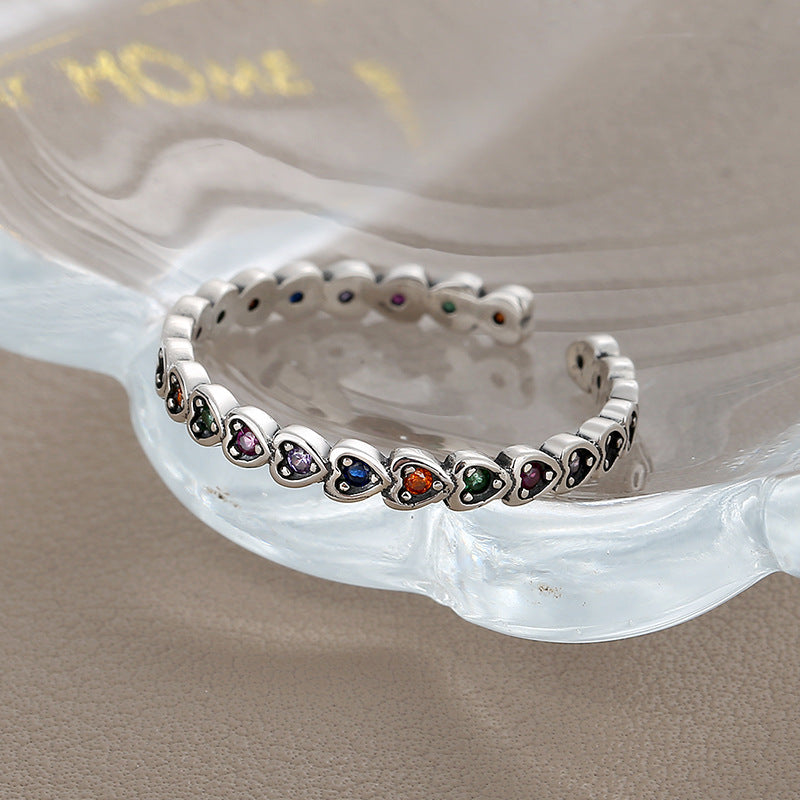 S925 Sterling Silver Ring Rainbow Zircon Female Luxury Color Diamond Love Ring - 4 - CJ