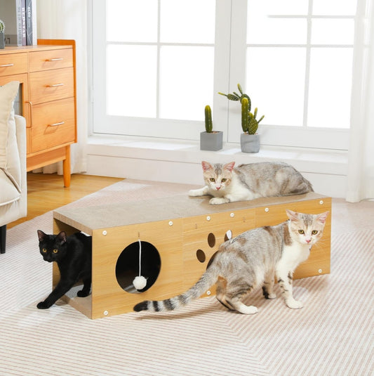 MUlti - Hole Fun Cat Tunnel With Scratching Board And Game Pom Pom Cat Tunnel House, Interactive Cat Scratching House, Self - improvement Drilling Hole Teaser, Must - have For Multi - Cat Families - 5 - CJ