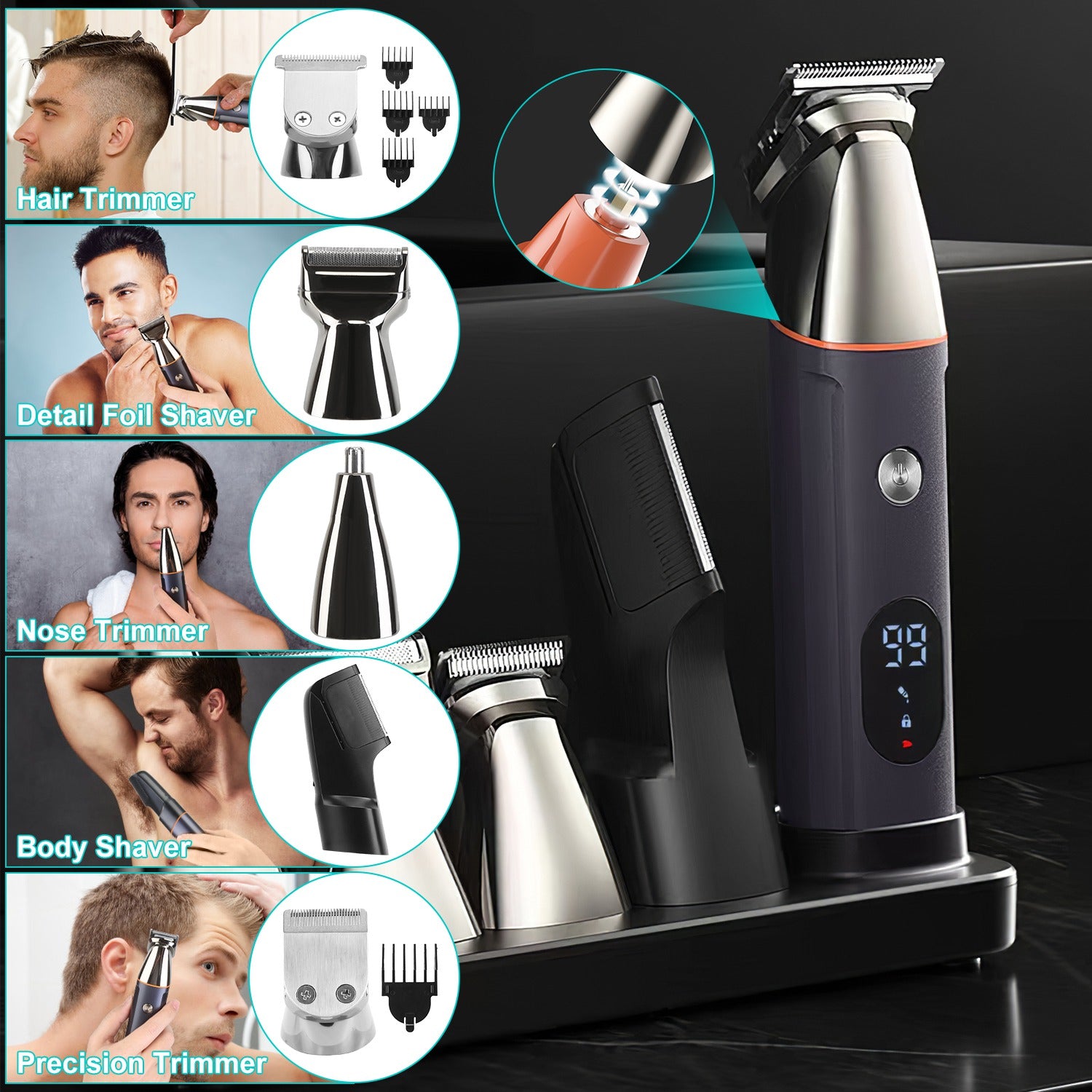 1Set All In One Beard Trimmer For Men With 5 Trimmer Heads IPX5 Waterproof Electric Razor For Face Nose Body Beard Cordless Hair Shaver Clipper Grooming Kit For Men Husband Father - 5 - CJ