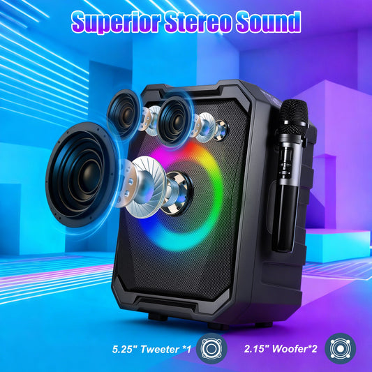 1Pc Portable Wireless Party Speaker With LED Light 2 Wireless Mics Remote Control TWS Music Accompany Mic. Priority Bass Echo Mic Treble Guitar In - 5 - CJ