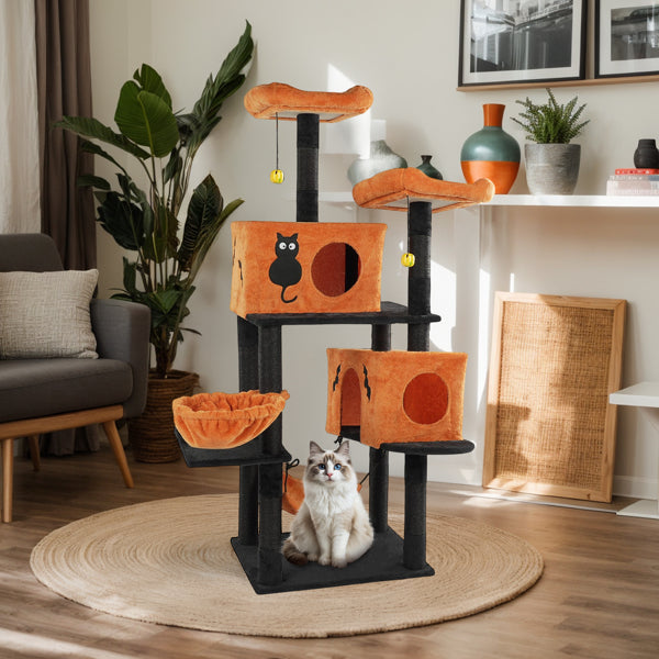 Halloween Cat Tree, Large Cat Tower With 2 Spacious Cat Condos, 2 Padded Perches, 2 Hammocks, Scratching Posts, Hanging Toy, Multi - Level Cat Activities Furniture For Large Cats, Orange & Black - 5 - CJ