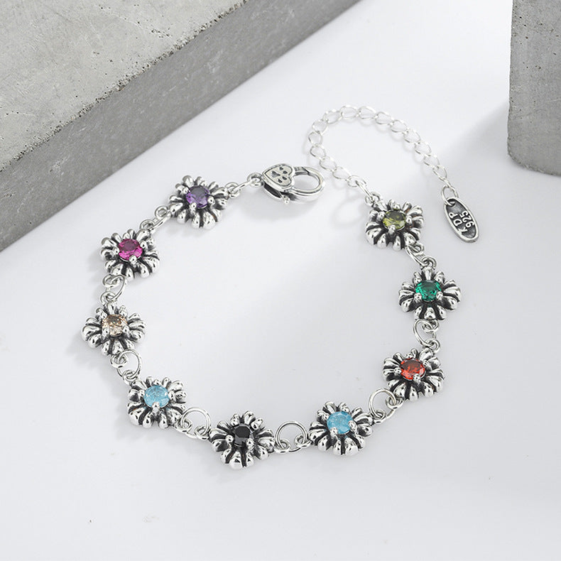 925 Sterling Silver Antique Color Diamond Small Daisy Heavy Industry Bracelet Original Design Bracelet - 4 - https://x.com/titan_prim62775J